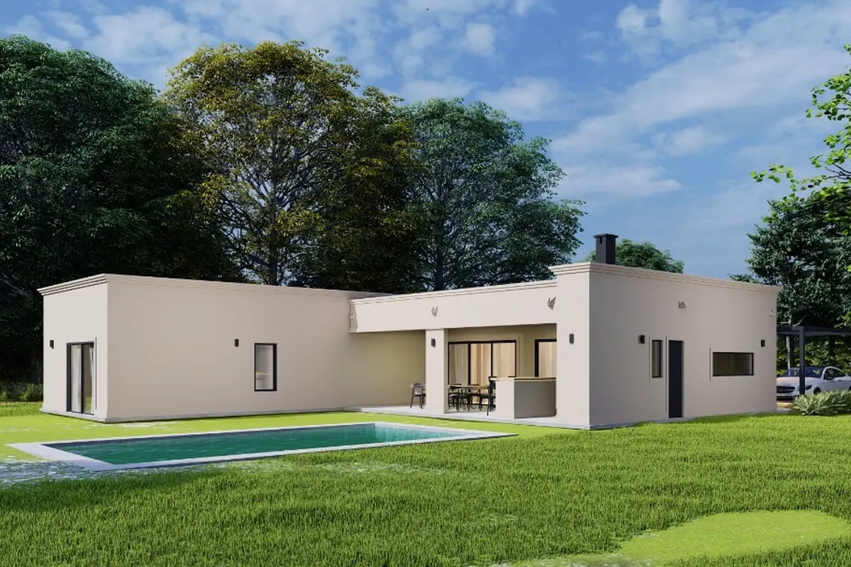 Render exterior de vivienda contemporánea junto al jardín