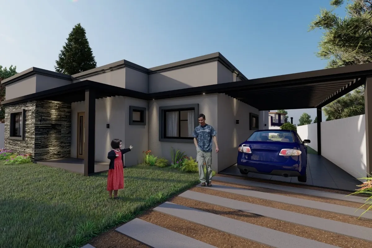 Render del acceso y fachada de una vivienda