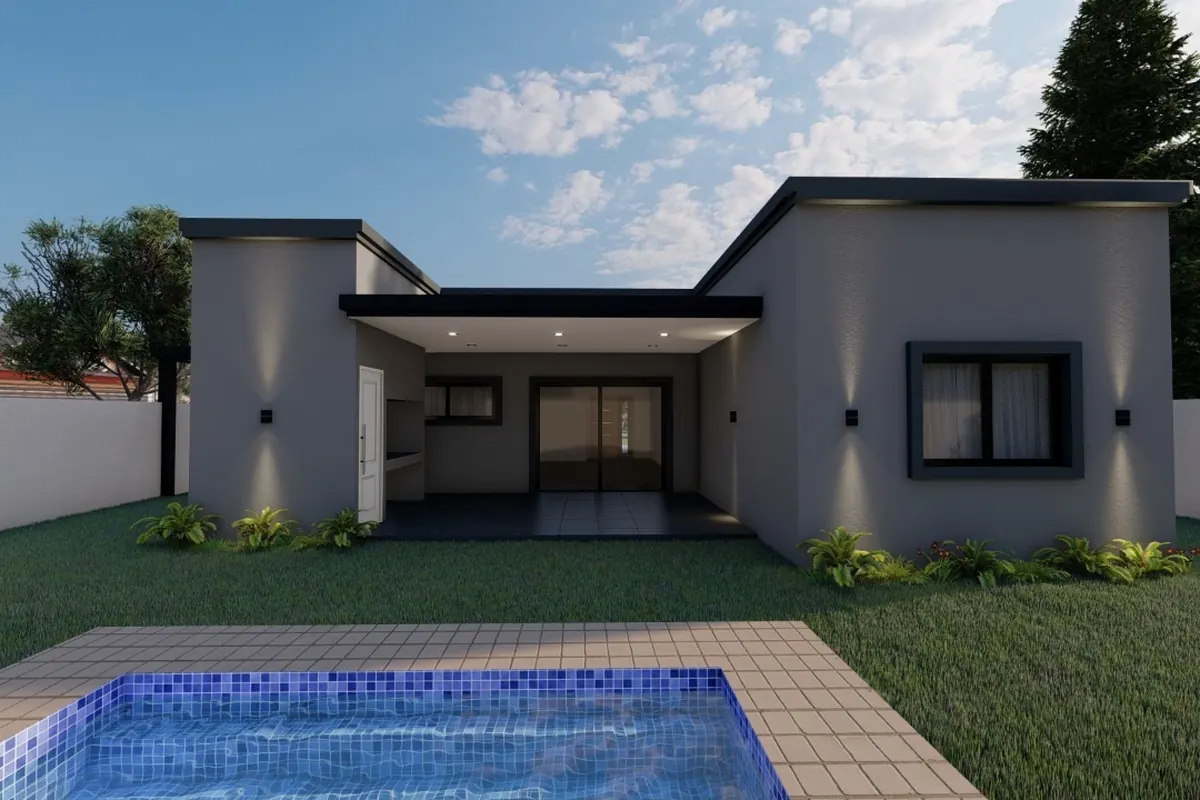 Visualización arquitectónica de vivienda con piscina