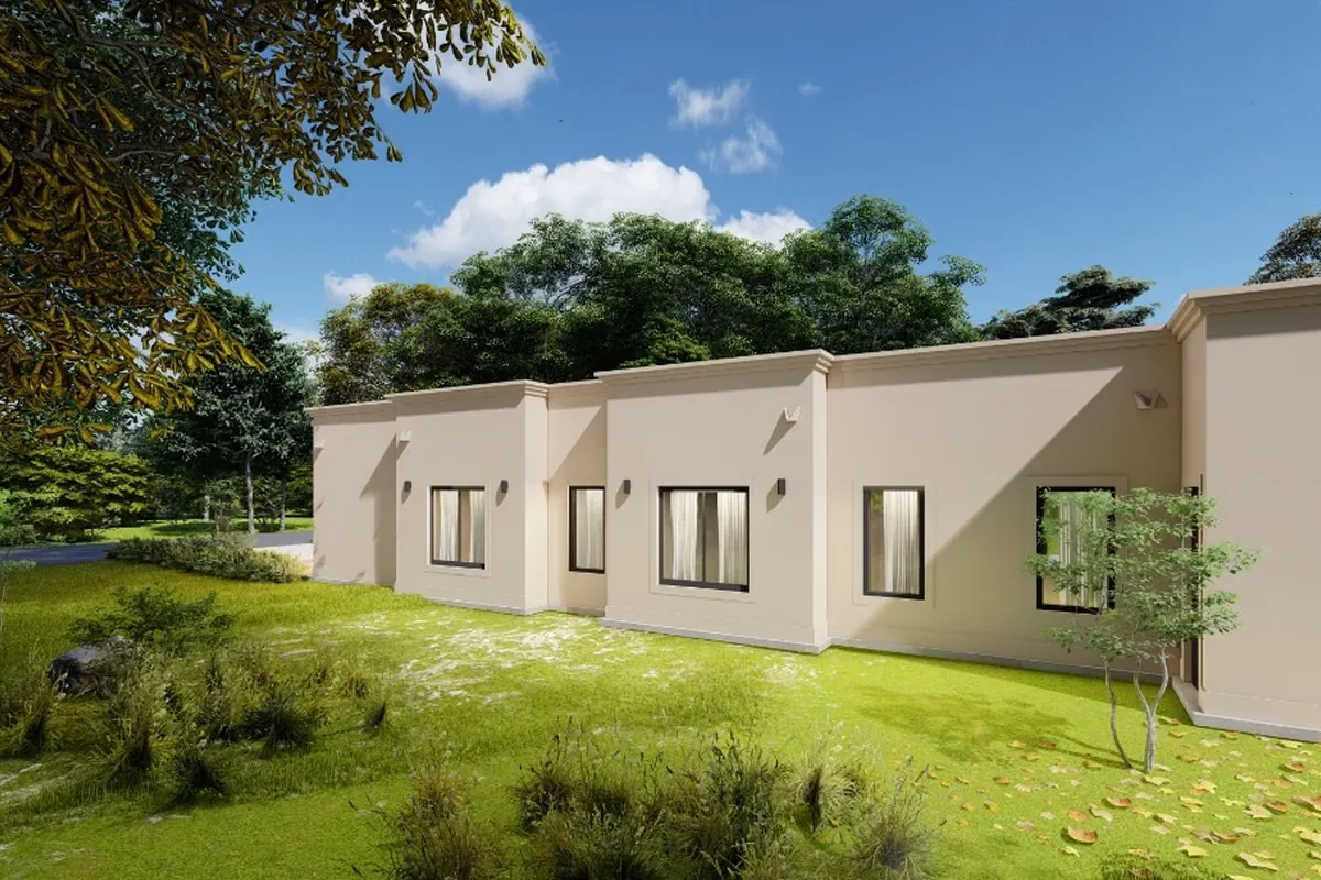 Render de vivienda de una planta en entorno arbolado